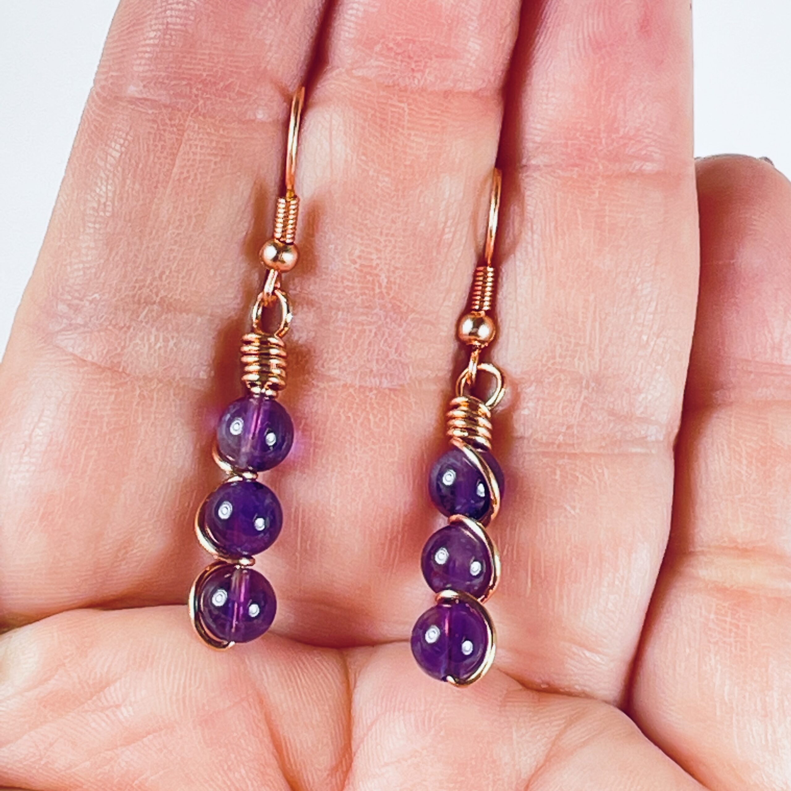 Amethyst Stacked Tri-stone and Copper Wire Wrapped Earrings - Image 4