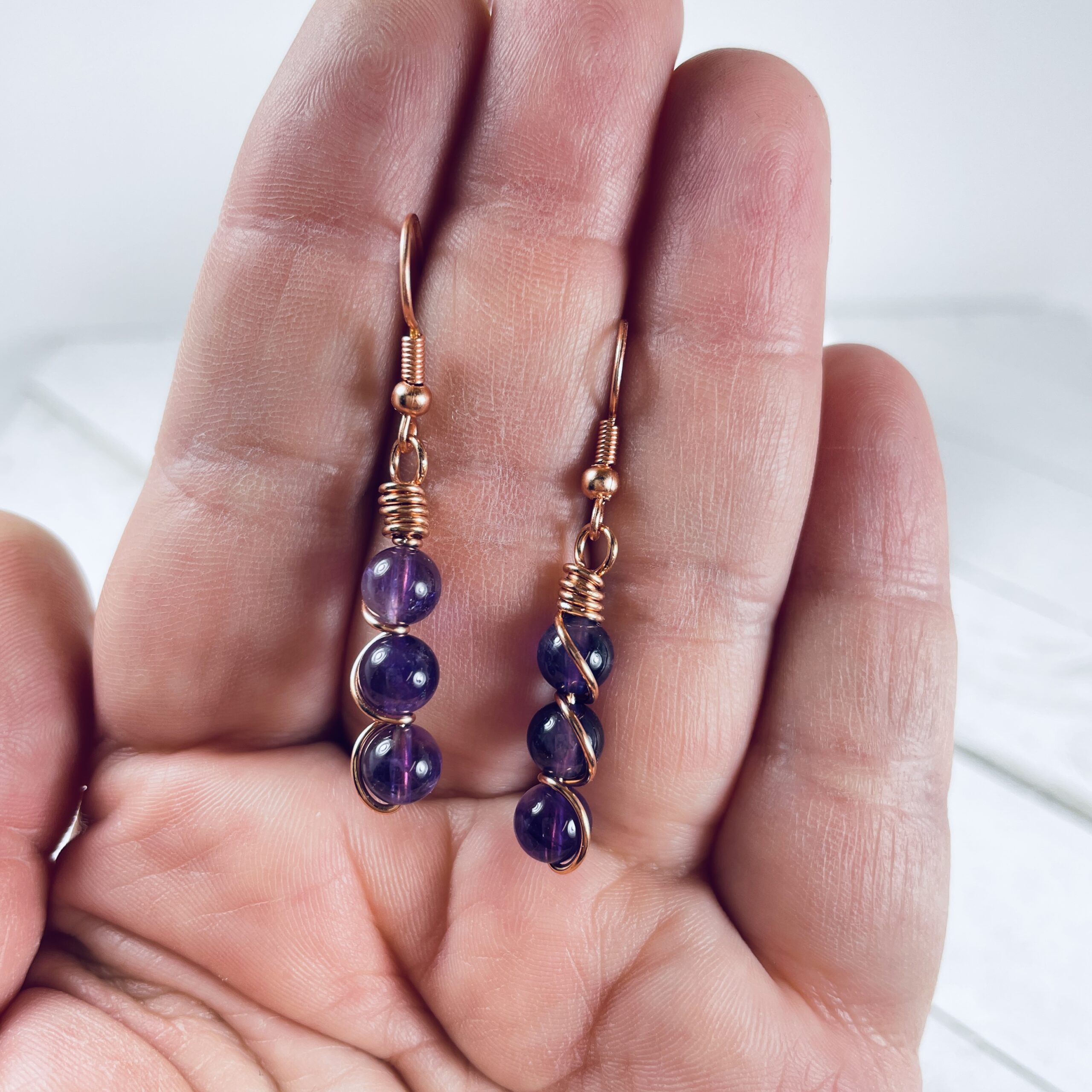 Amethyst Stacked Tri-stone and Copper Wire Wrapped Earrings - Image 3