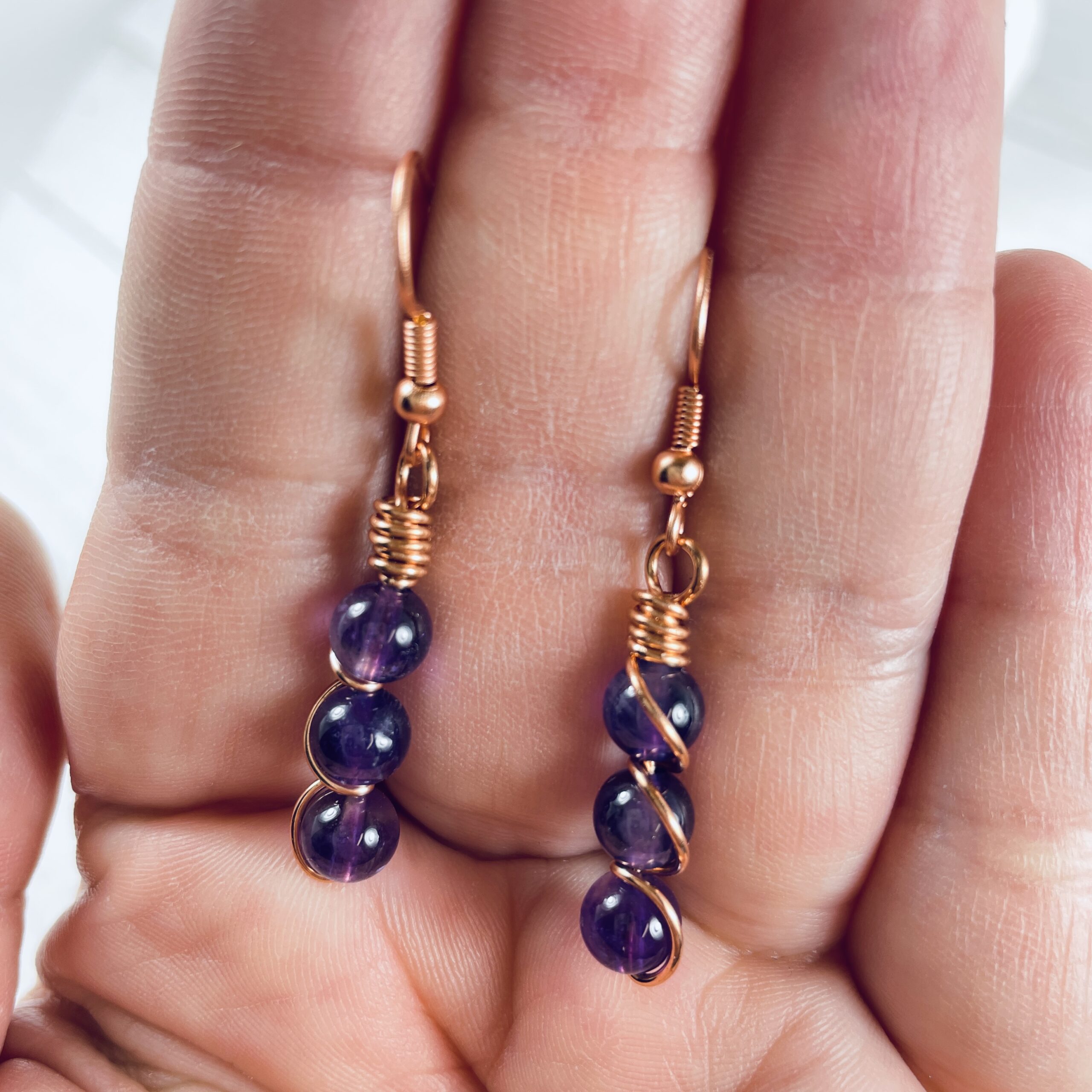 Amethyst Stacked Tri-stone and Copper Wire Wrapped Earrings - Image 2