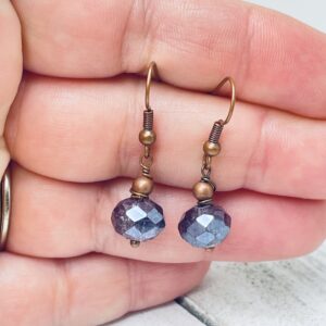 Heather Purple Cracked Glass Rondel Beads in Antiqued Copper