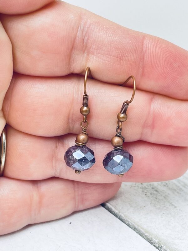 Heather Purple Cracked Glass Rondel Beads in Antiqued Copper