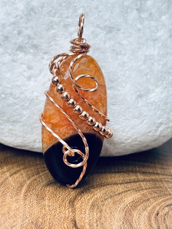 Orange Cracked Dyed Agate in Raw Copper Twisted Square Wire