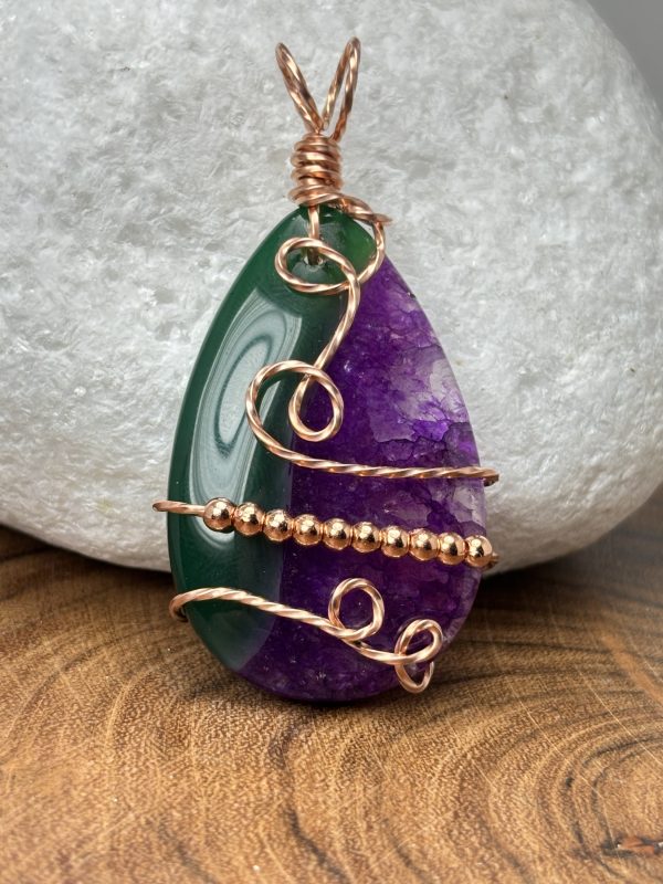 Green and Iris Purple Dyed Agate in Raw Copper Wire